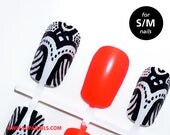 Red between the Lines  - 12 black / white tribal, boho chic, art deco nails with neon red highlight (S/M)