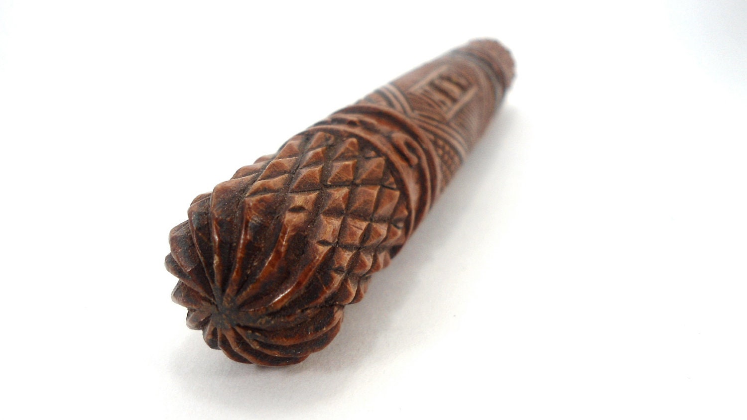 antique brown wood carved   needle case- rustic vintage hande made gift for her- initials - sewing - interior industrial- 20s