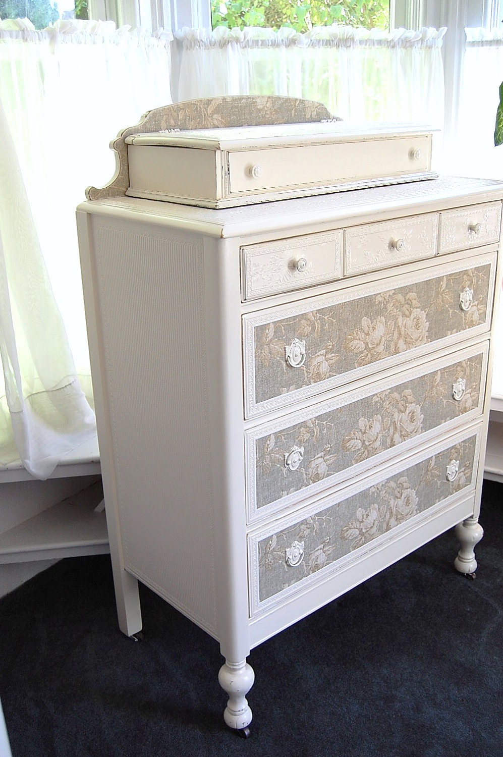 Painted Distressed Chic Dresser with Roses and French Blue Paper