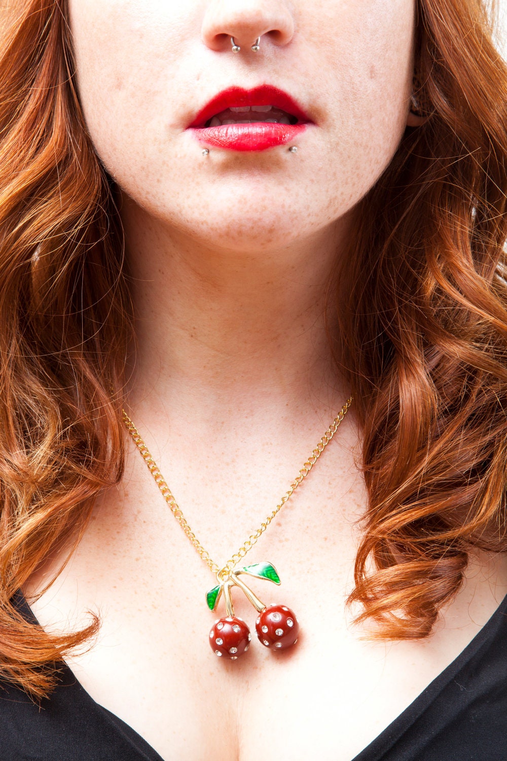 Gold and Glitter Cherry Necklace