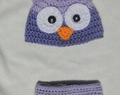 Lavender Owl Handmade Custom Crochet Beanie Hat  & Ruffled Diaper Cover Newborn Baby Photo Prop