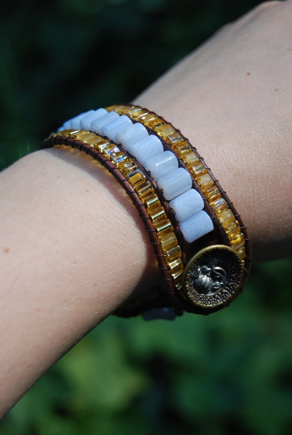 Wrapped Leather Bracelet with Powder Blue Lace Agate & Gold Glass Beads and Vintage Button - Brown Leather Cuff