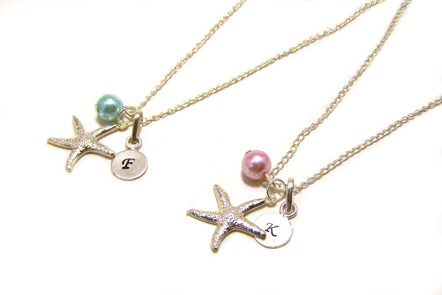Custom Initial Hand Stamped, Silver Starfish and Glass Pearl Personalized Sterling Silver Necklace /  Gift for Her