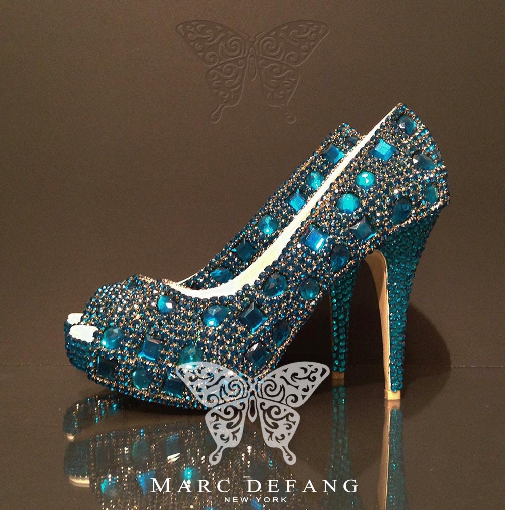 Peacock Blue Crystal Snow Diamond, Luxury Peep Toe Heels