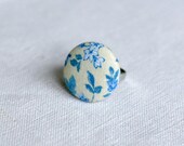 Blue & Cream Floral Fabric Covered Button Ring