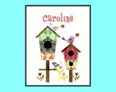 Girls Nursery Print, Personalized Birdhouse Baby Room Decor, Kids Wall Art, Birds, 8 x 10 collage print Pink, teal, green