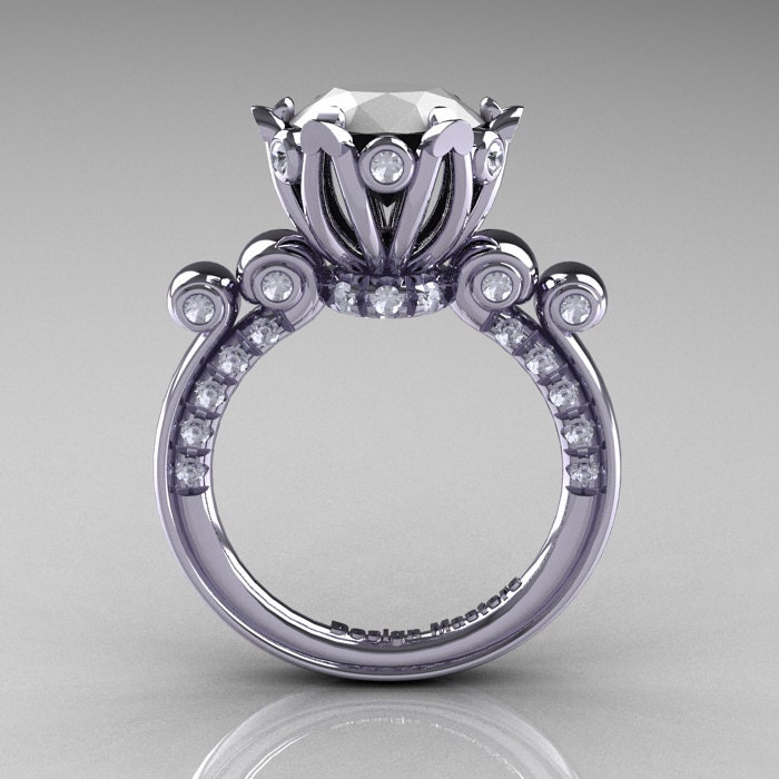 French Antique 14K White Gold 3.0 Carat White Agate Diamond Solitaire Wedding Ring Y235-14KWGDWA