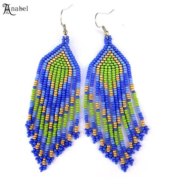 Blue, Green and Beige Native American Style Seed Bead Earrings