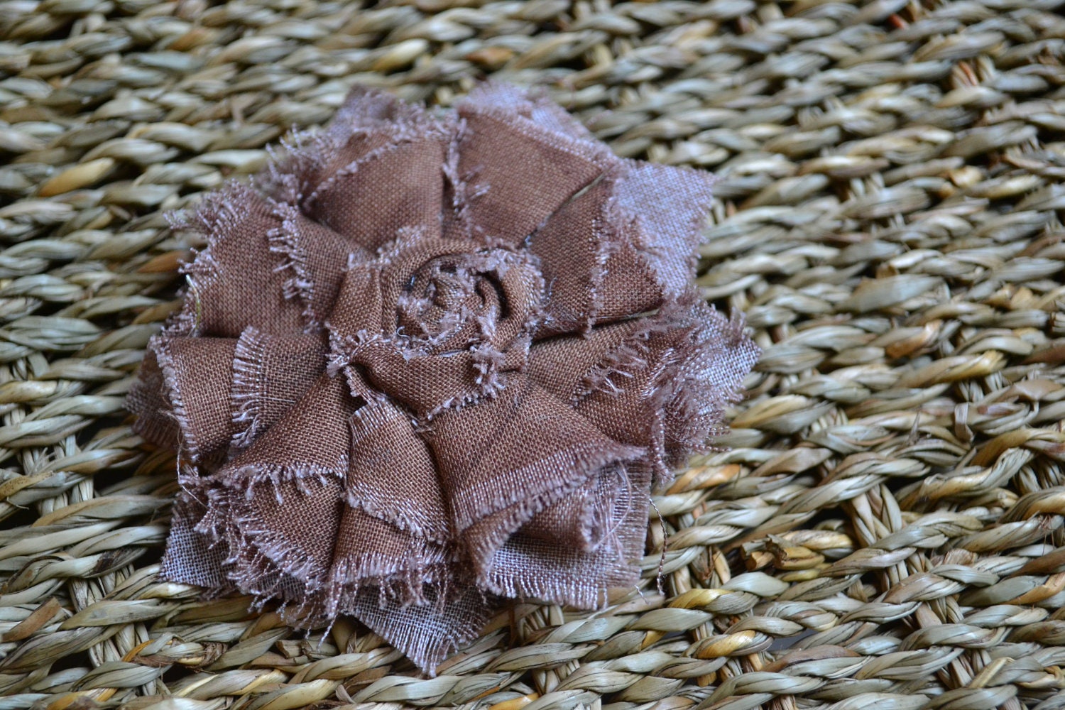 Vintage Inspired Frayed Brown Fabric Spiral- Alligator Clip