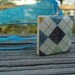 Wood Tile Necklace with Shades of Blue and White Argyle