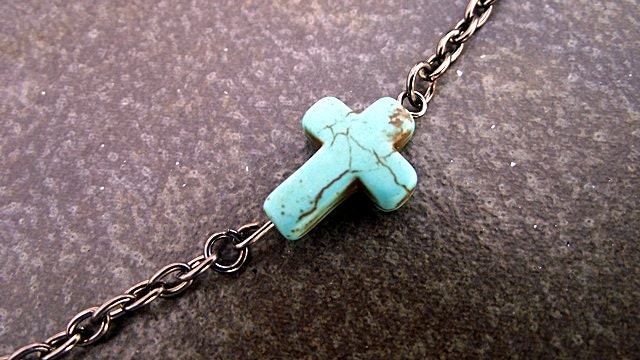 Side Cross Necklace Gunmetal Turquiose