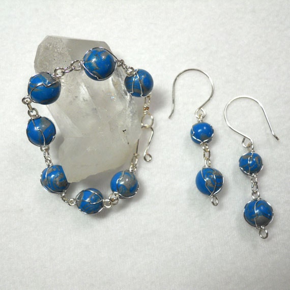 Blue and Silver Polymer Clay Wire Wrapped Bracelet and Earrings Set - AlohaMoeSets