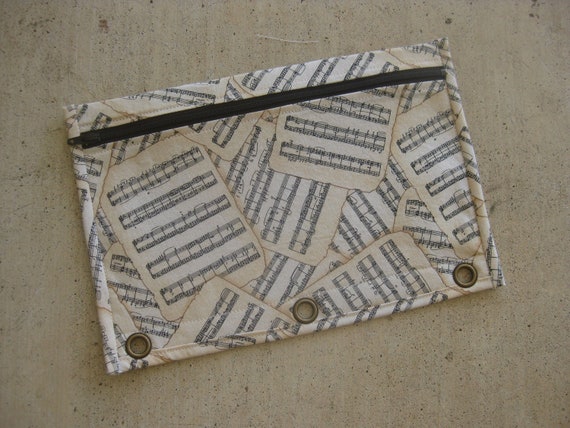 Binder Pencil case with Grommets : Sheet music pattern with dark brown zip and lining