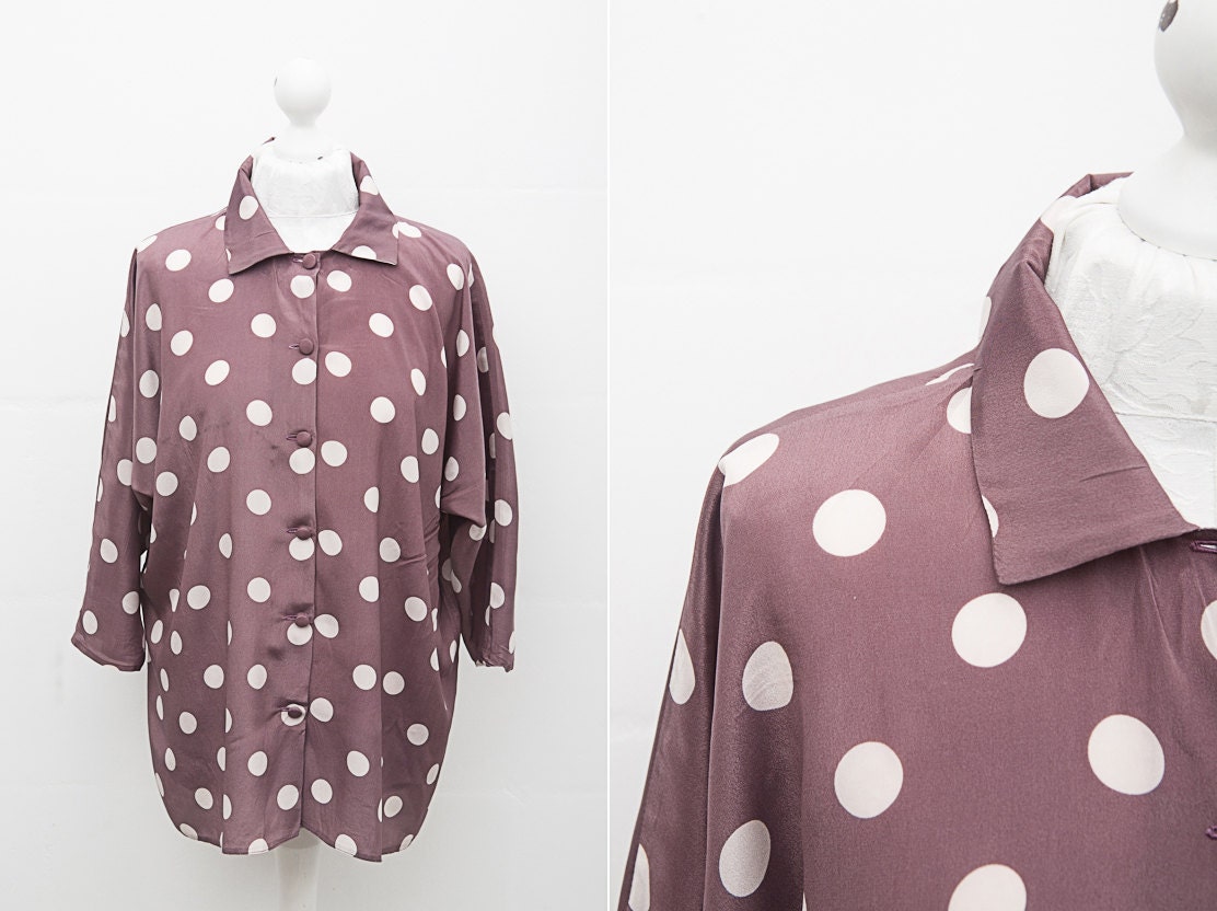 Vintage Cacao Women Blouse with White Dots and 3/4 sleeves /  Size L / XL