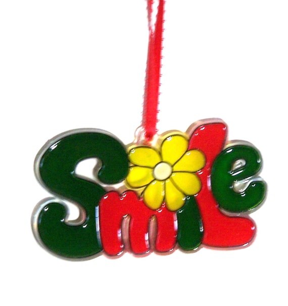 ORNAMENT - SMILE- Acrylic - Dark Green - Red - Yellow - Handpainted Home Decor