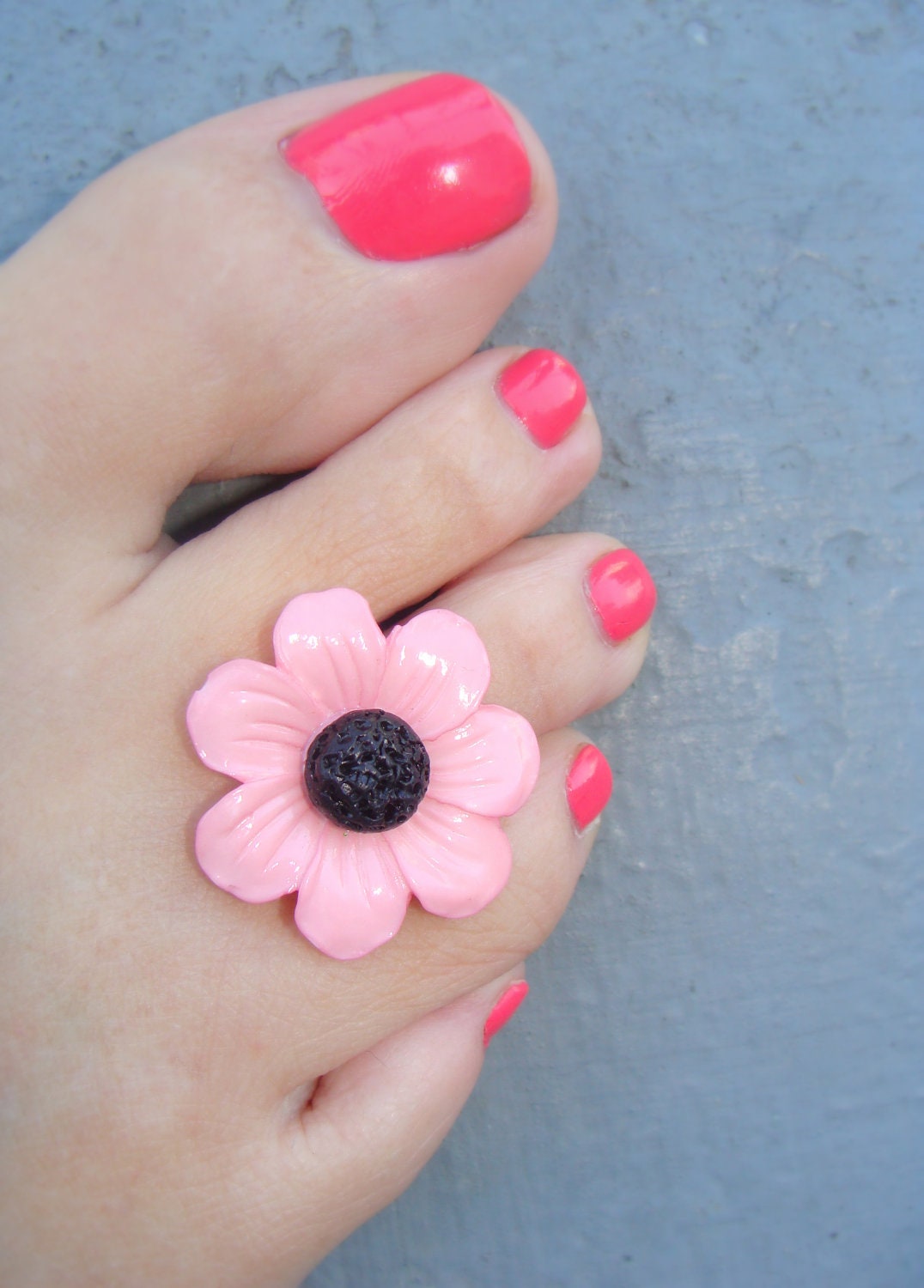 Toe Ring - Pink Daisy Flower Button Stretch Bead Toe Ring