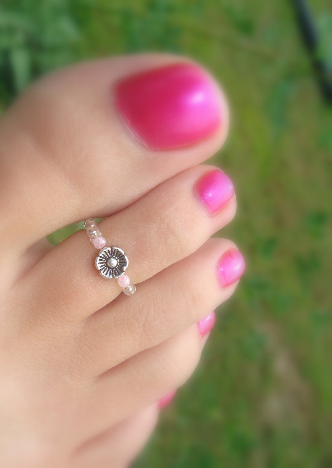 Toe Ring - Silver Dancing Baby Flower Stretch Bead Toe Ring