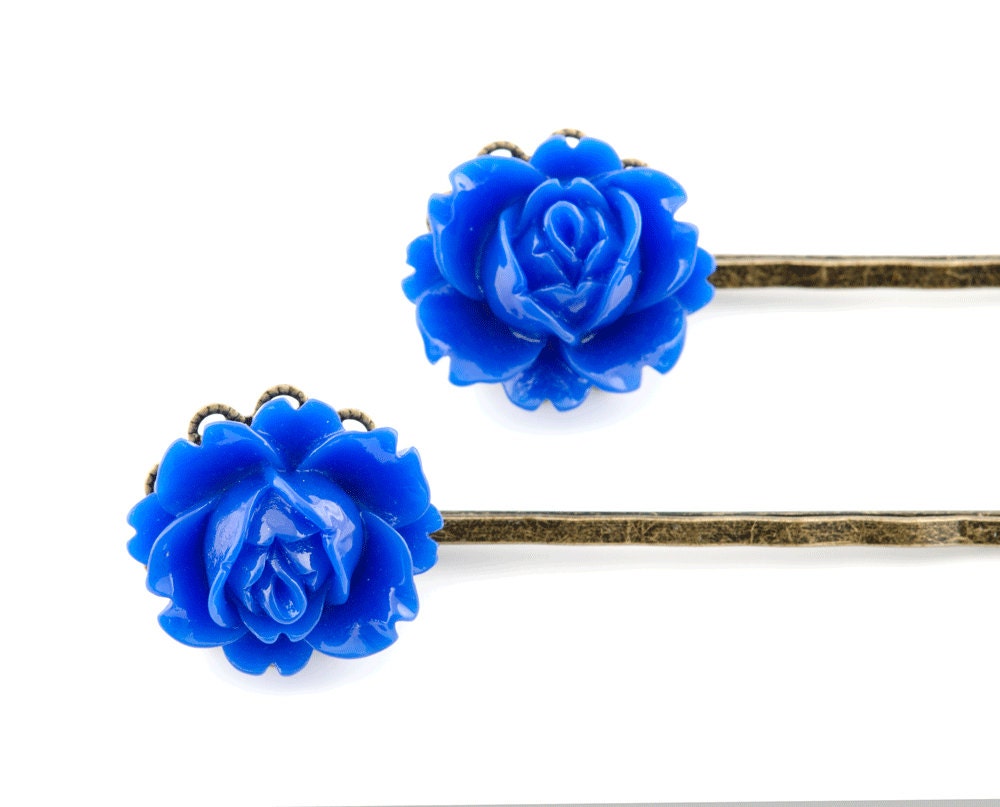 Blue Rose Hairpins, Set of 2 Flower Bobby Pins, Flower Hair Accessory, Antique Bronze, Wedding Bridesmaids Gift