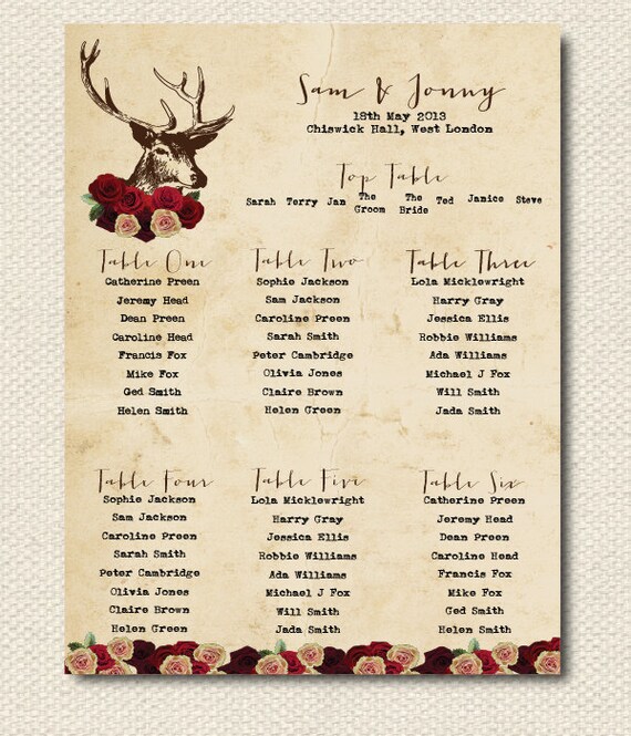 Winter stag/deer floral Table/Seating Plan ANY SIZE or COLOUR Il_570xn