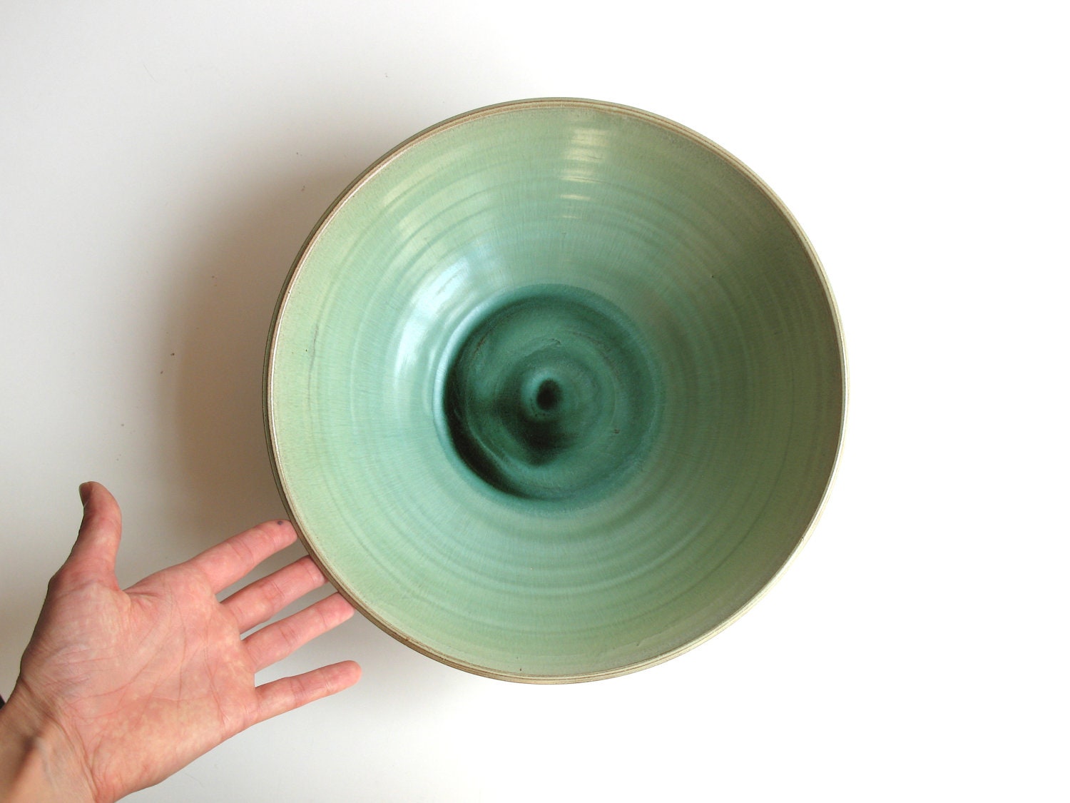 large ceramic serving bowl - emerald - glazed pottery - wheel thrown bowl - mint mat bowl - boho decor - ready to ship