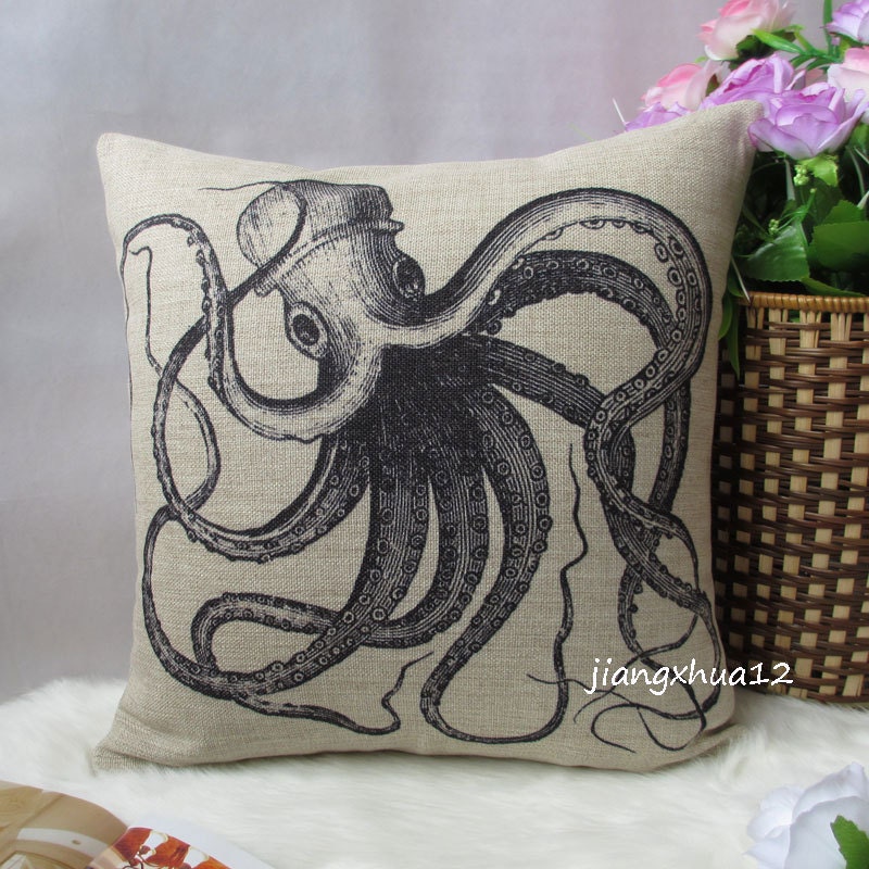 1 handmade cotton linen simple black Octopus  printed decorative pillow cover 18"