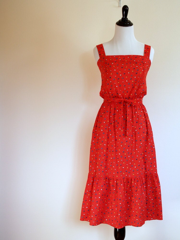 Liberty floral cotton sun dress / 1980's red ditsy summer pocket dress