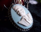 Handmade Baby Blue Skeleton Elvis Cameo Brooch