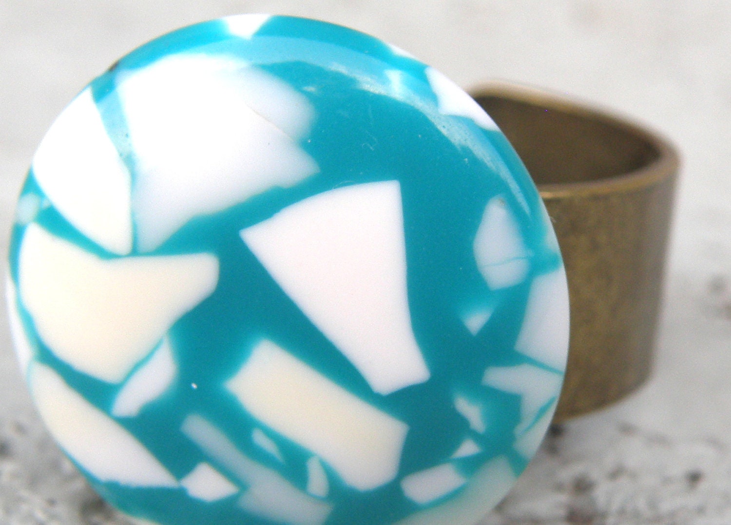 ooak blue adjustable ring, blue and white speckled vintage plastic piece on brass