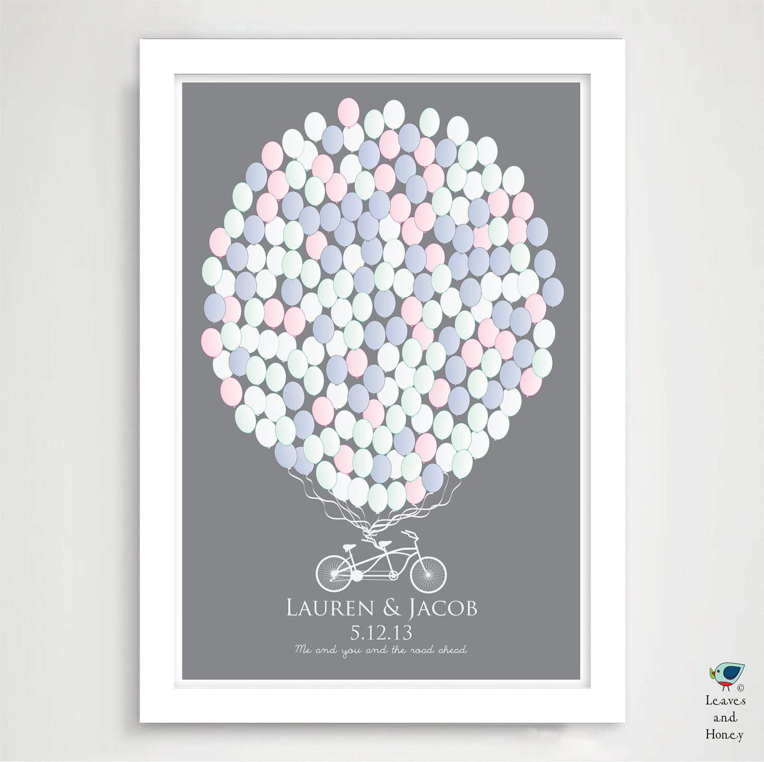 Balloons & Tandem Bicycle Guest Book Art Print / Signature Wedding GuestBook  Alternative / Modern Bridal or Wedding Gift / 20x30 200 Guest