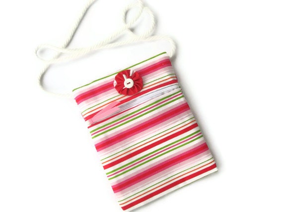 Purse Shoulder Small  Striped Front Zipper Embellished Red Pink White