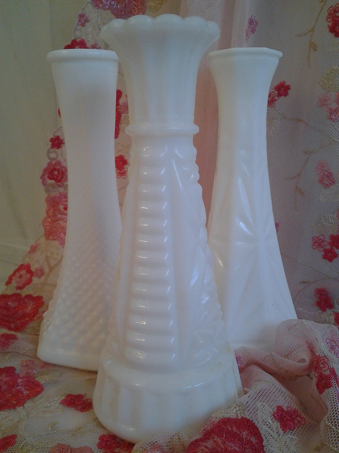 3 Vintage Milkglass Vases Instant Collection White Shabby Cottage Chic Home Decor Milk Glass Opaque