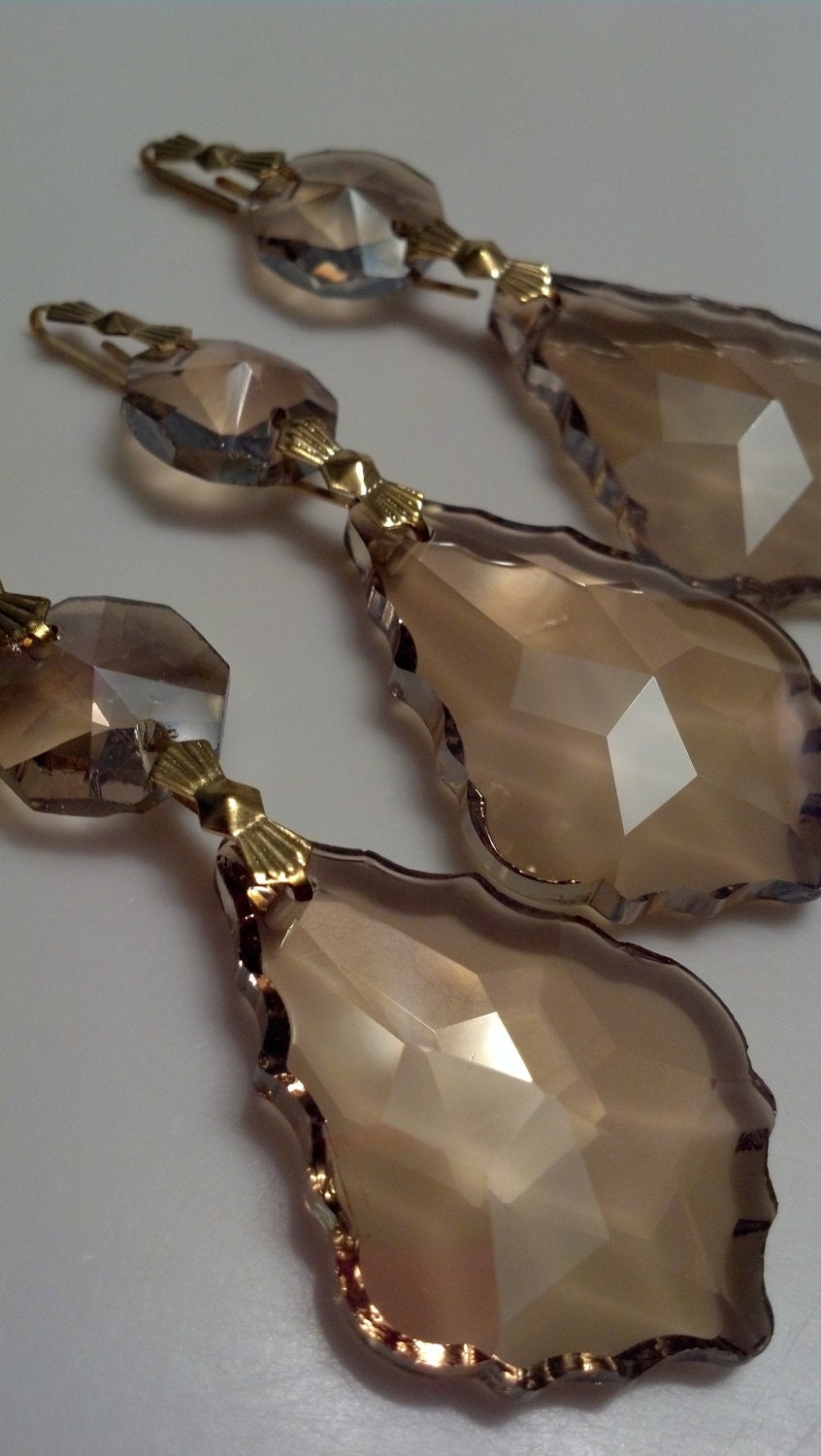3 Chandelier Crystal Prisms Champagne French Chandelier Crystals Shabby Cottage Chic Smoke Gorgeous Crystals Golden Teak