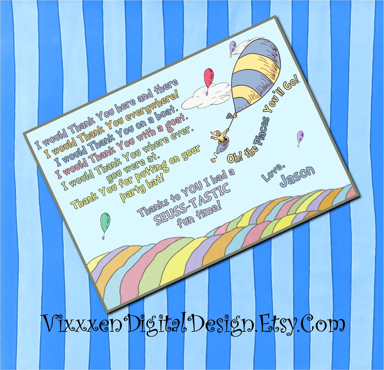 DR. SEUSS Thank You Card OhThe Places You'll GO Birthday Boy Blue personalized customized party supplies also avaliable