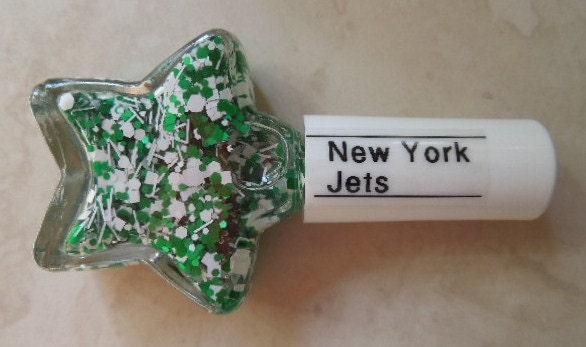 Custom Blended Nail Polish - "New York Jets" NFL - Green White Bar Hexagon Square Glitter - Lacquer