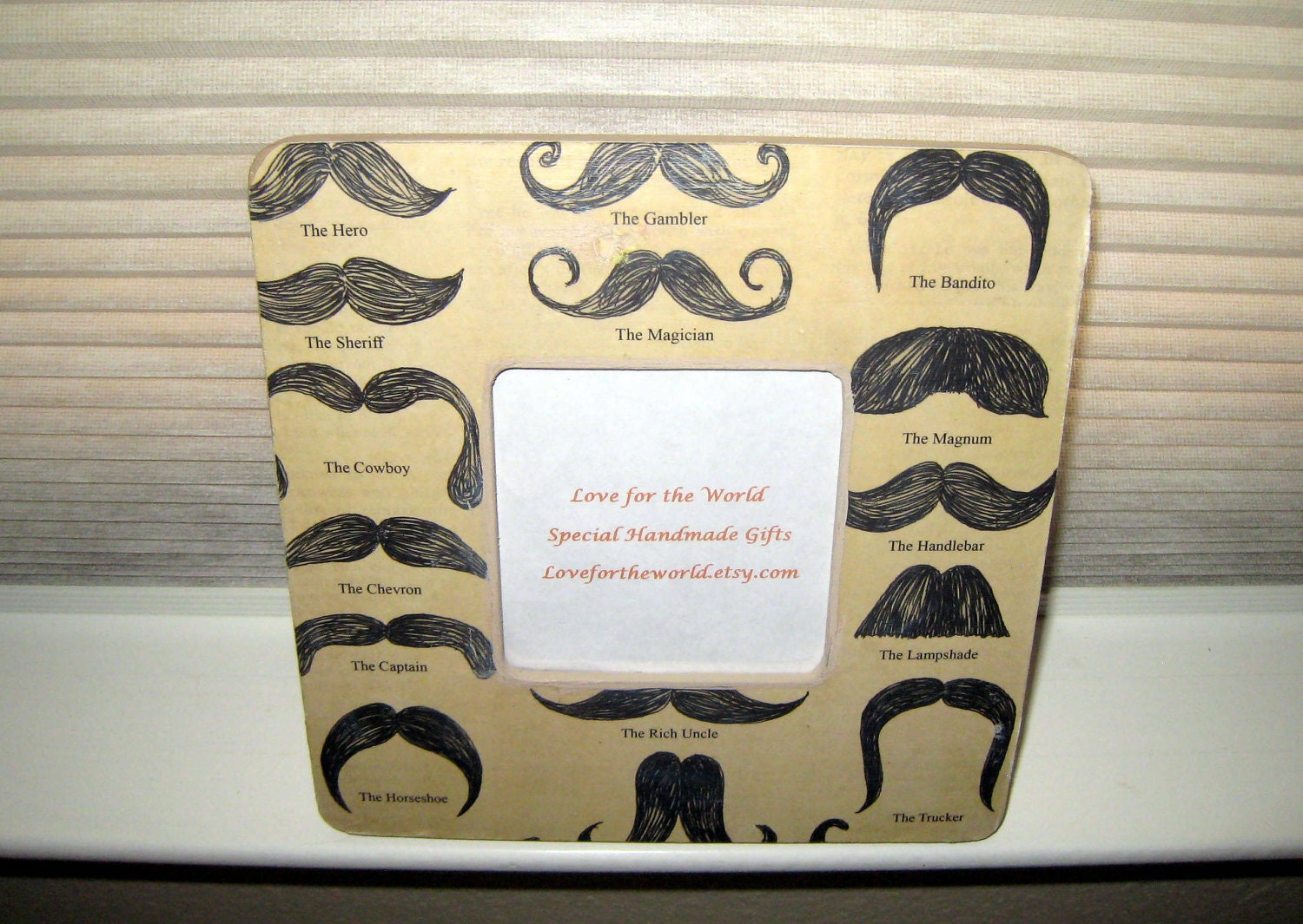 ON SALE Mustaches Picture Frame - Wooden Picture Frame Decoupaged with a fun Mustache Print - 8x8 Frame for a 3.5x3.5 Photo
