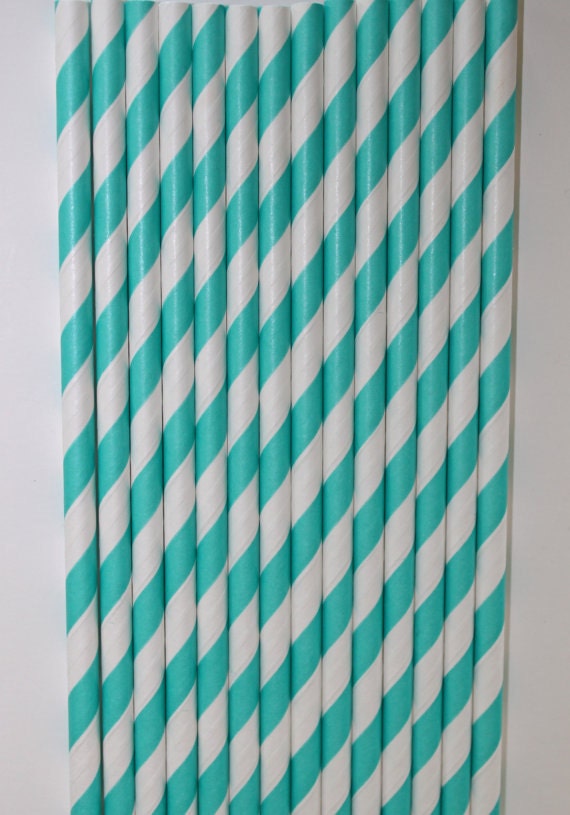 100 turquoise stripe paper straws wedding, bridal shower birthday   Bonus DIY Flags