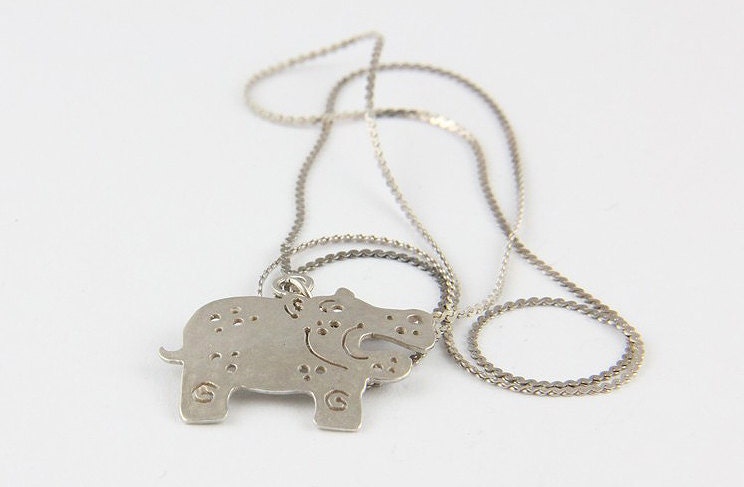 Handmade sterling silver hippo pendant