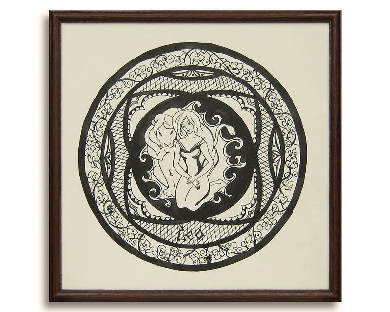 Leo Zodiac Sign Framed Original Pen And Ink Drawing 14" x 14" Illustration Fine art by Valiulina