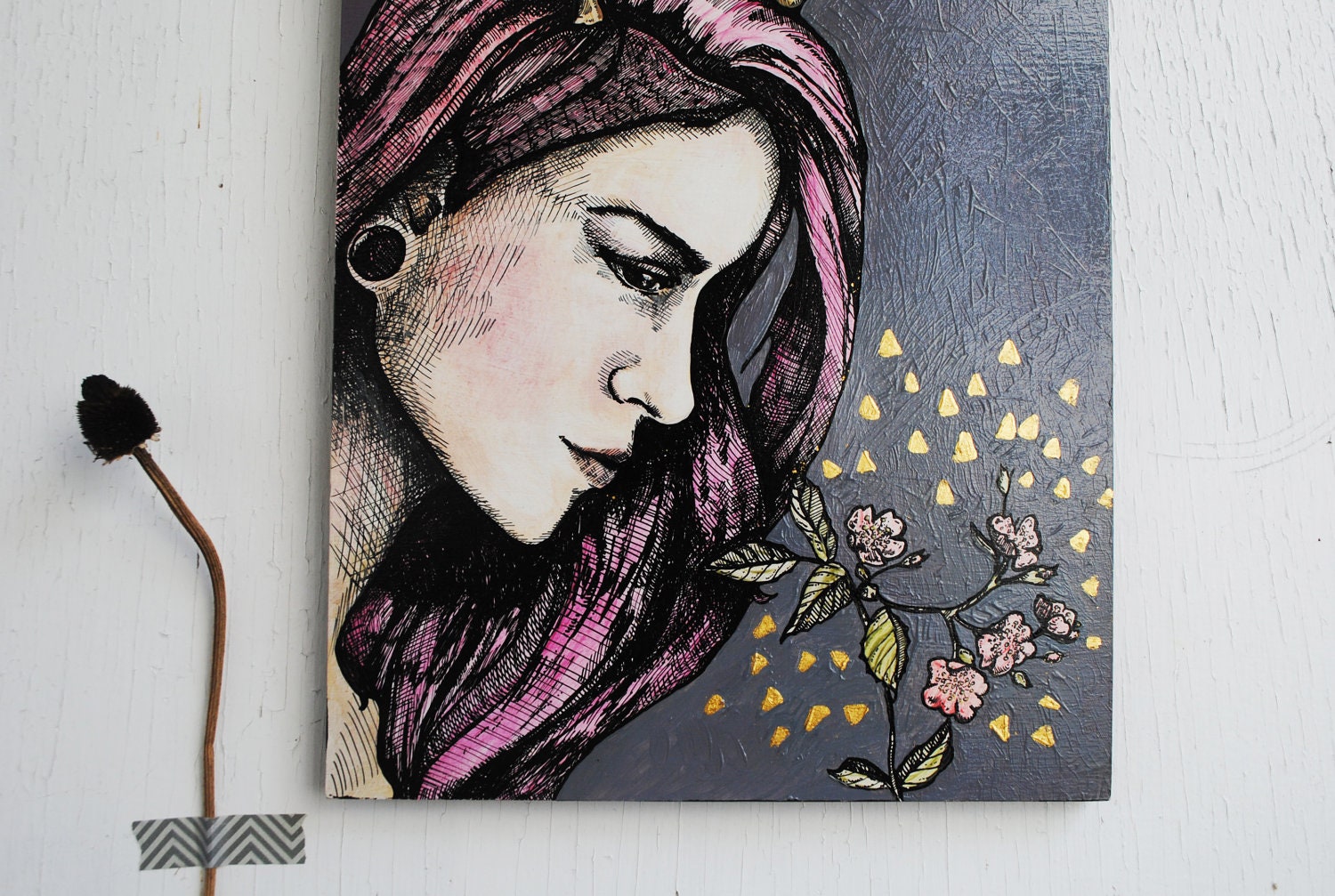 Wild Rose - Wildflower Study -  Original Painting with 23k Gold Leaf -Wild Rose.  Original Art.