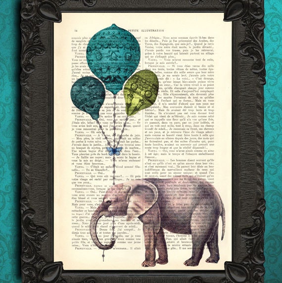 elephant print - elephant wall art - vintage dictionary art print home decor