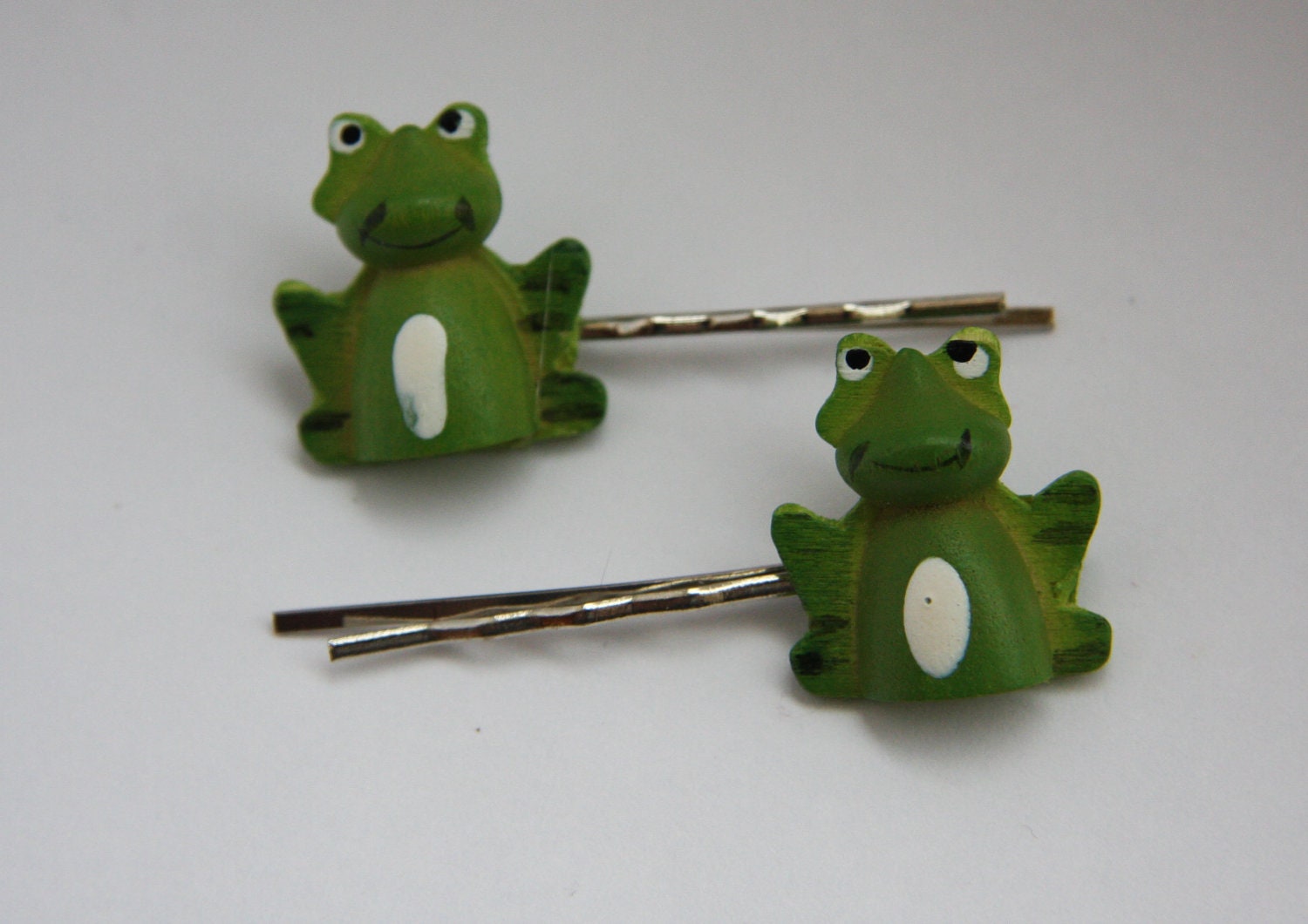 SALE: One Set of Happy Frog Hair Grips/Bobby Pins. -Happy St. Patrick's Day and Spring Animals.