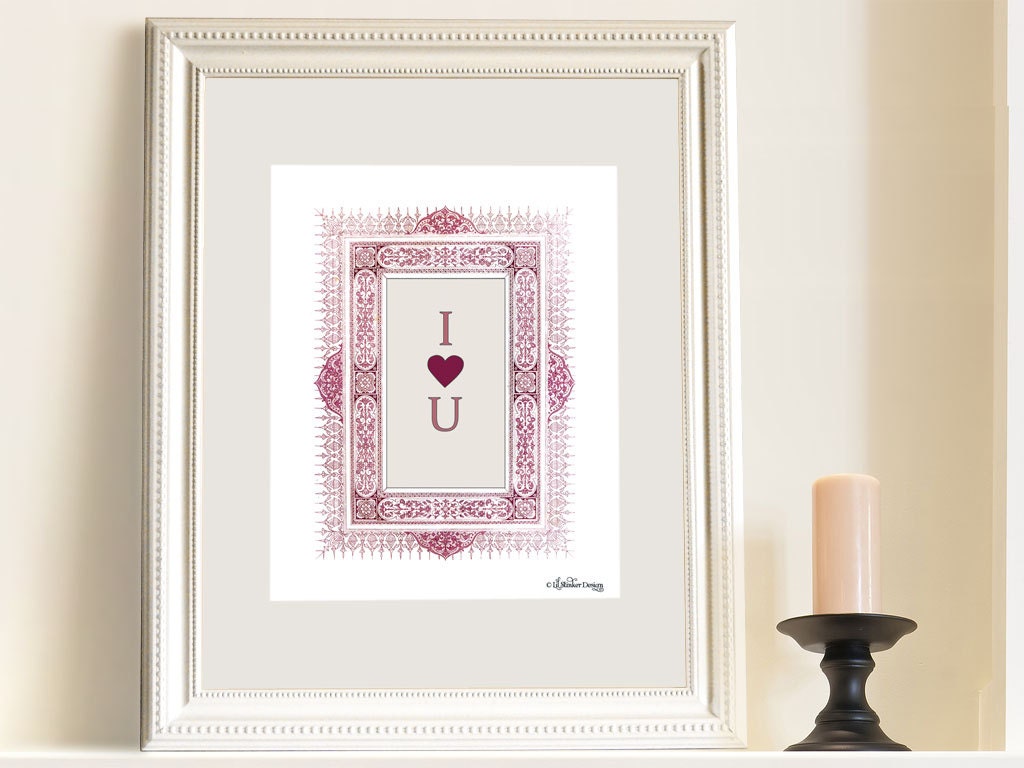 I love you 8x10 wall art Vintage ephemera print pink burgundy tan shabby chic cottage style Wedding artwork home décor Anniversary
