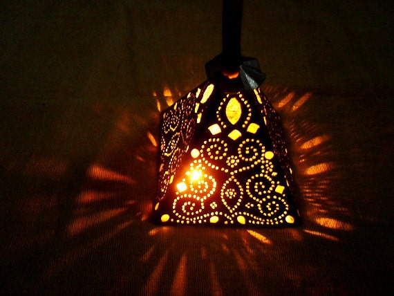 Pair of Punched Tin Candle Lanterns - Tea Light Lamps - Meditation Lamps - Pyramid Shaped