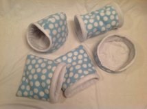 Light blue polka dots Set of 5..Hidey hut, 2 cozy caves, cuddle cup and tunnel
