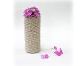 Crochet cover for repurposed beer can Cozy Flower vase centerpiece Tan beige eco friendly home decor Hostess gift Rustic kitchen DIY