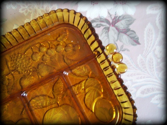 Vintage 70's Indiana Glass Amber 5 Section Relish Tray Fruit Motif