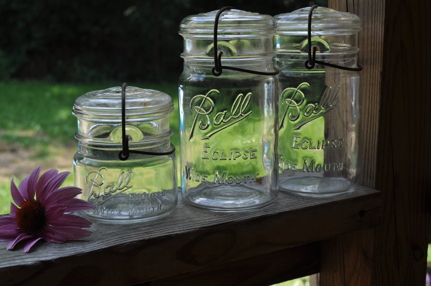 Lot of 3 Ball Mason Eclipse Wide Mouth Quart Fruit Canning Jars. Perfect for collectors, weddings or crafts