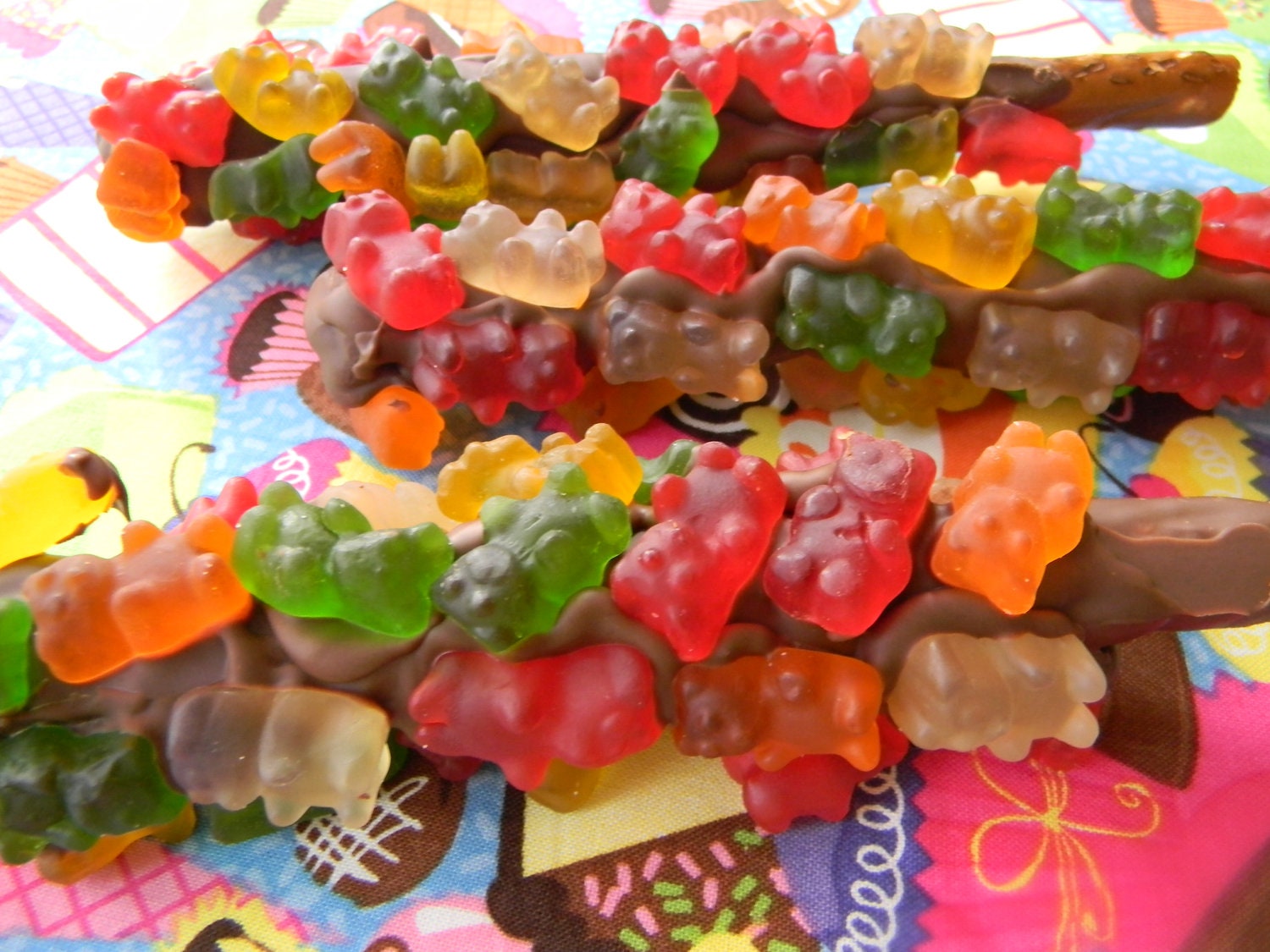 Items similar to gummy bear coated, chocolate covered pretzels, a real