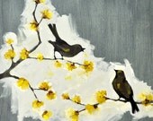 Vintage Style Bird Painting - Modern Square Art - 20 x 20 Inches - Greys, Grays, Cream and Yellow