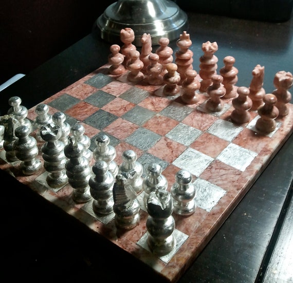 ON SALE 20% OFF: Pink Marble and Sterling Silver Chess Set - RavenGilding